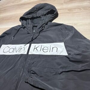 Calvin Klein Windbreaker Jacket womens Medium Black‎ Logo Water Resistant Hood